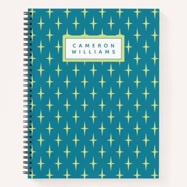 Add Your Name | Retro Atomic Age Star Pattern Notebook (Front)