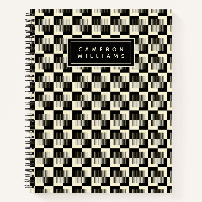 Add Your Name | Retro Black & Tan Pattern Notebook (Front)