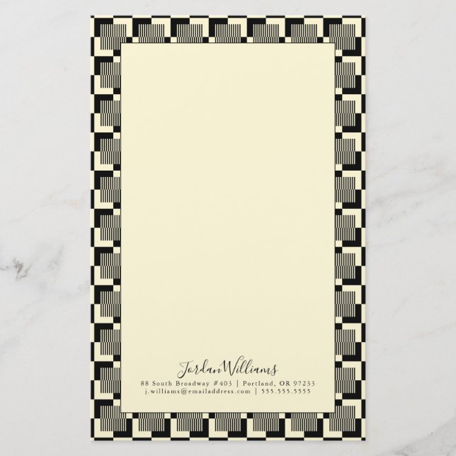 Add Your Name | Retro Black & Tan Pattern Stationery (Front)