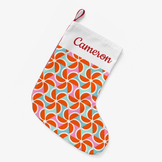 Add Your Name | Retro Orange Wedge Pattern Small Christmas Stocking (Front (Hanging))