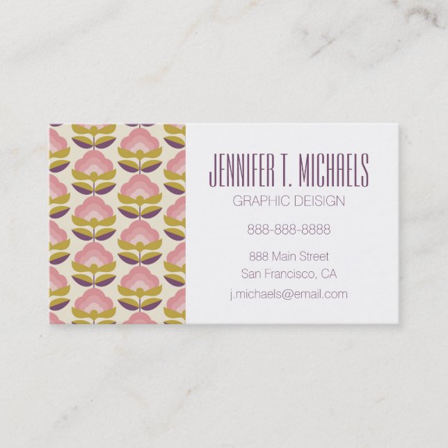 Add Your Name | Retro Pink & Purple Floral Pattern Business Card (Front)