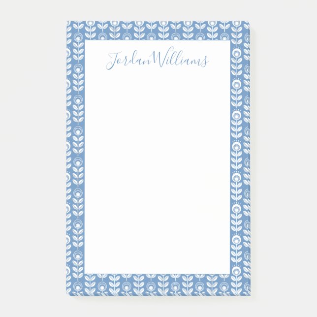 Add Your Name | Retro Scandinavian Blue Pattern Post-it Notes (Front)
