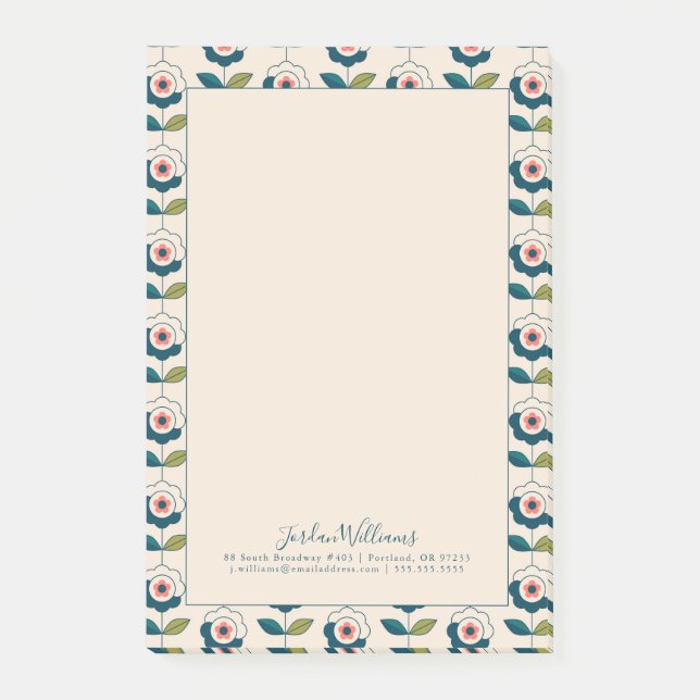 Add Your Name | Retro Turquoise Floral Pattern Post-it Notes (Front)
