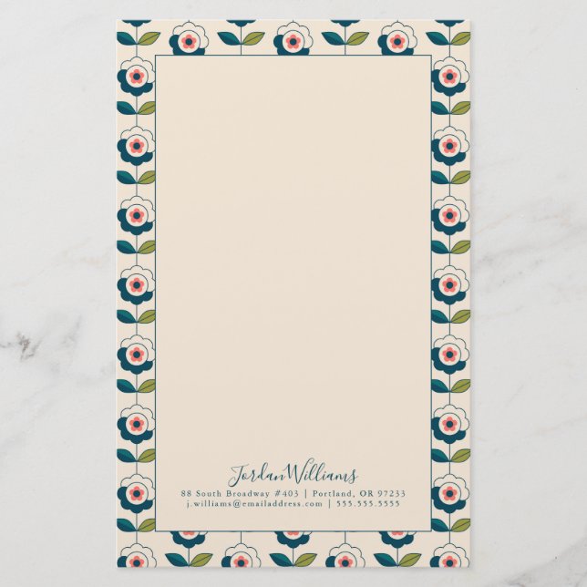 Add Your Name | Retro Turquoise Floral Pattern Stationery (Front)