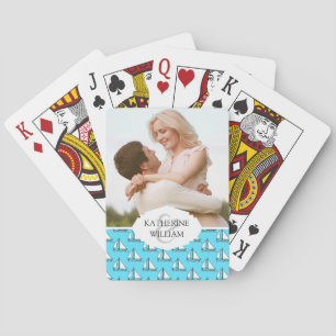 Add Your Name Sailboats On Blue Sea Pattern Playing Cards