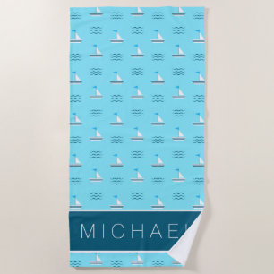 Add Your Name Sailboats On The Blue Sea Pattern Beach Towel