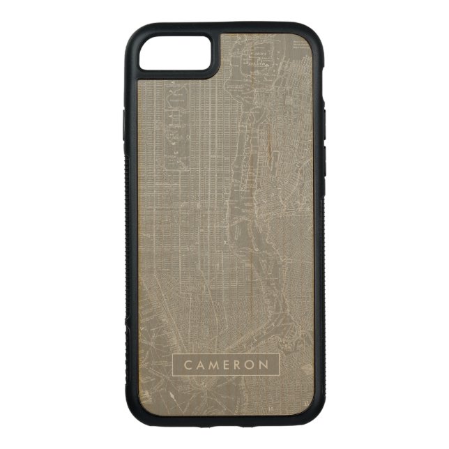 Add Your Name | Sketch of New York City Map Carved Wood iPhone Case (Back)