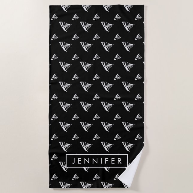 Add Your Name | Sketchy Sailboat Pattern Beach Towel (Front)