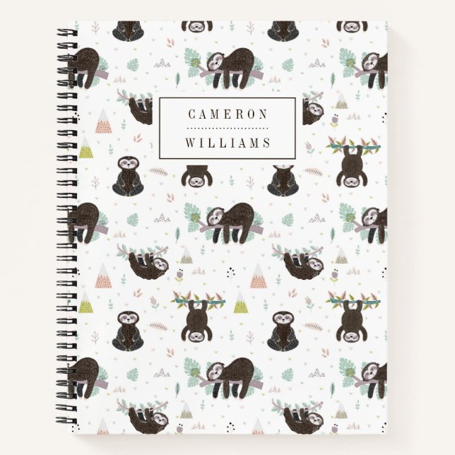 Add Your Name | Sleepy Sweet Sloth Pattern Notebook (Front)