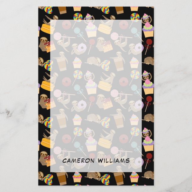 Add Your Name | Sloth Sweet Treats Pattern Stationery (Front)