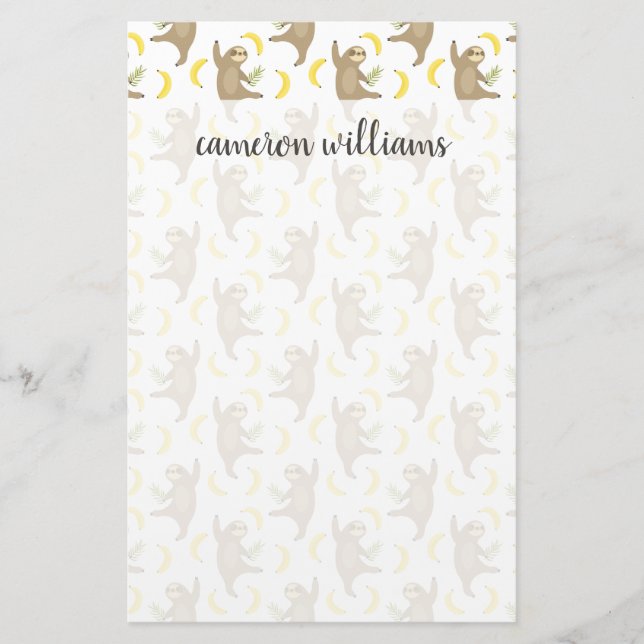 Add Your Name | Sloths & Bananas Pattern Stationery (Front)
