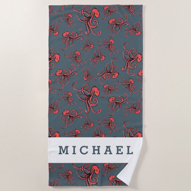 Add Your Name | Sneaky Octopus Pattern Beach Towel (Front)