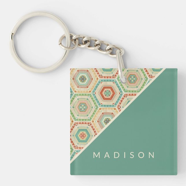 Add Your Name | Southwest Hexagon Pattern Key Ring (Front)