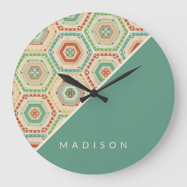 Add Your Name | Southwest Hexagon Pattern Large Clock (Front)
