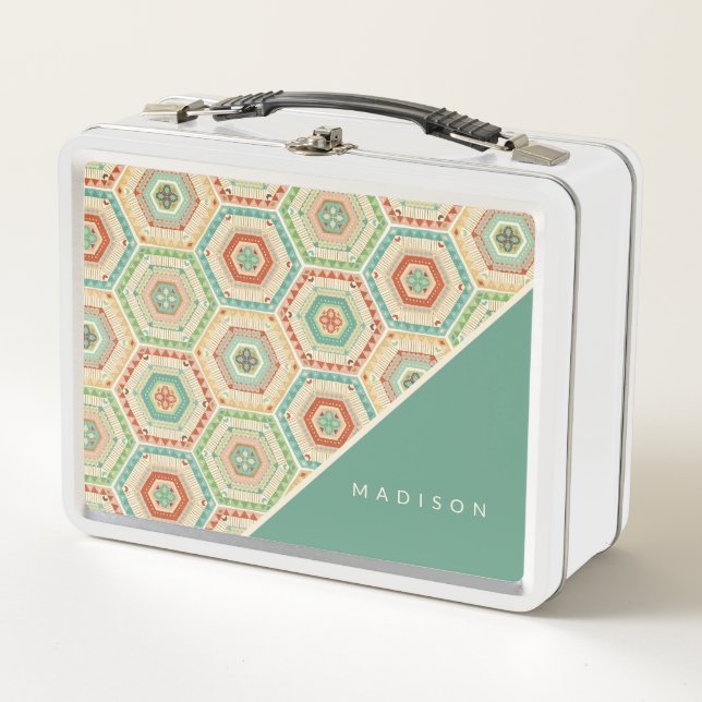 Add Your Name | Southwest Hexagon Pattern Metal Lunch Box (Front)