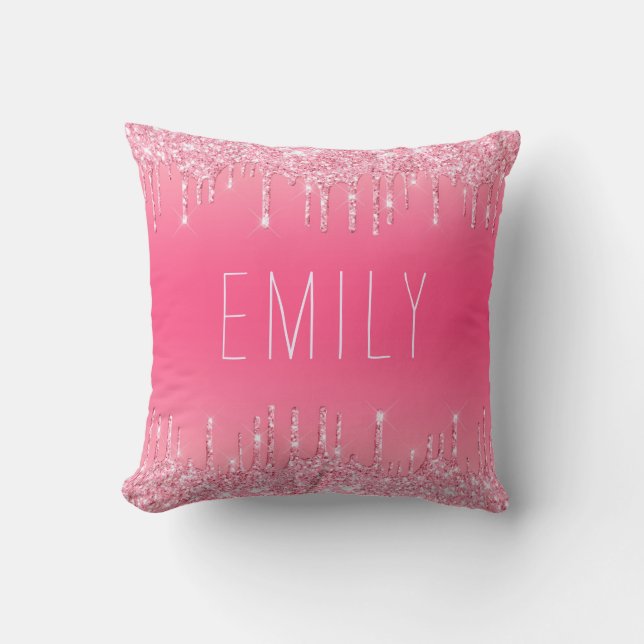 Add Your Name Strawberry Pink Glitter Dripping Cushion (Front)
