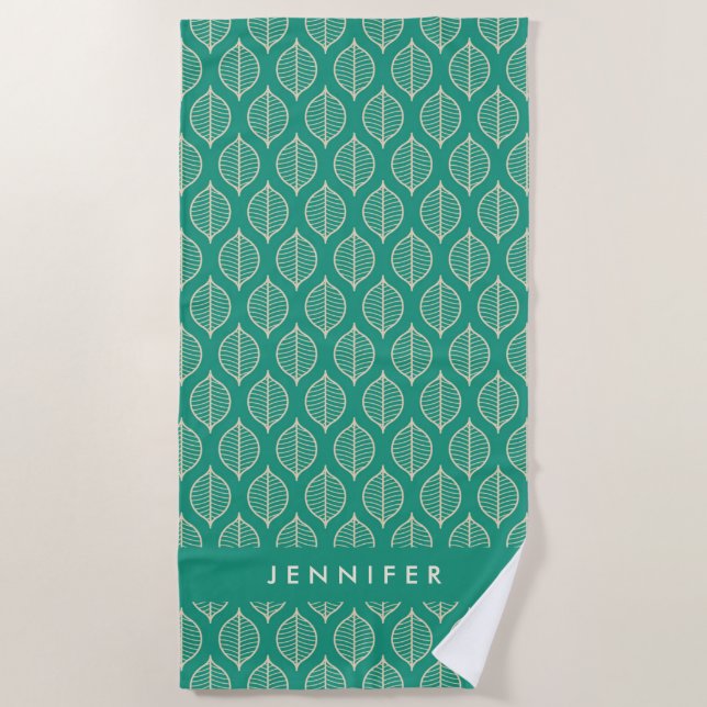 Add Your Name | Stylised Green Leaf Pattern Beach Towel (Front)