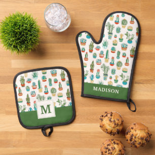 Add Your Name Succulents Pattern Oven Mitt & Pot Holder Set