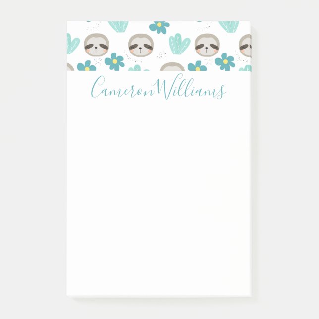 Add Your Name | Sweet Sloth Floral Pattern Post-it Notes (Front)