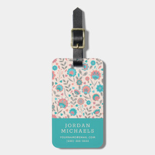 Add Your Name Teal & Coral Folk Art Floral Luggage Tag
