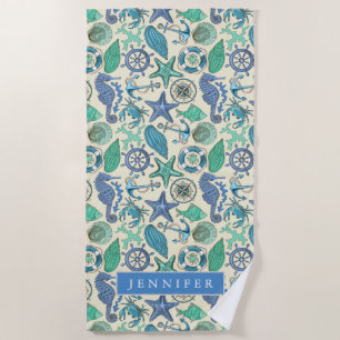 Add Your Name Teal Sea Animals Pattern Beach Towel