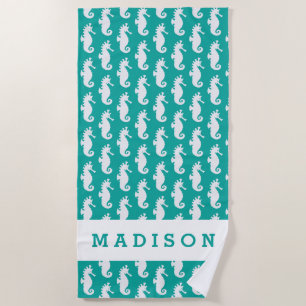 Add Your Name Teal Seahorse Pattern Beach Towel