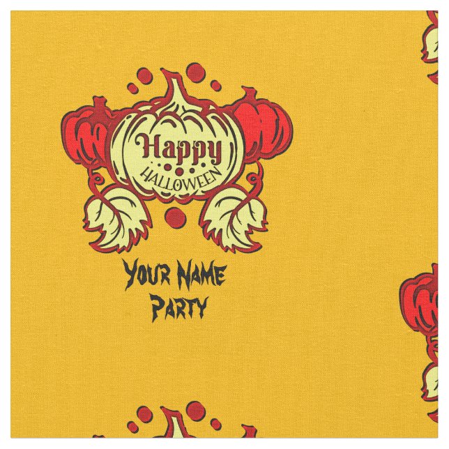 Add Your Name Text Happy Halloween Pumpkin Yellow Fabric (Close Up)