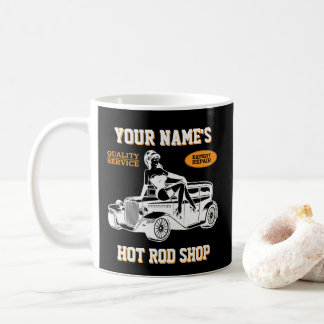 Add Your Name Text Hot Rod Shop Garage with Lady  Coffee Mug