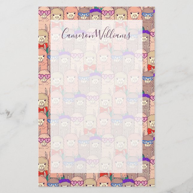 Add Your Name | Trendy Dressed Llama Pattern Stationery (Front)