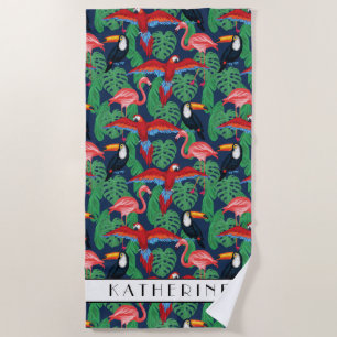Add Your Name   Tropical Birds In Bright Colours Beach Towel