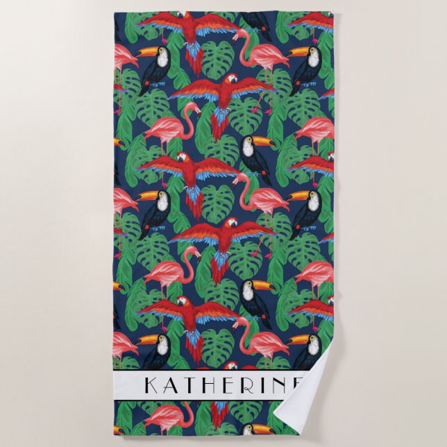 Add Your Name | Tropical Birds In Bright Colours Beach Towel (Front)