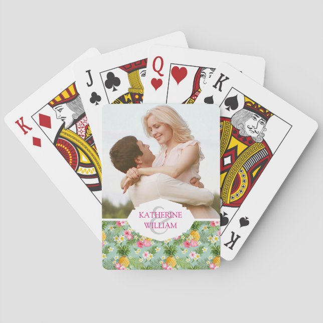 Add Your Name | Tropical Flowers & Pineapples Playing Cards (Back)