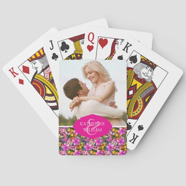 Add Your Name | Tropical leaves and flowers Playing Cards (Back)