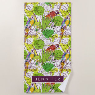 Add Your Name Tropical Parrots Beach Towel