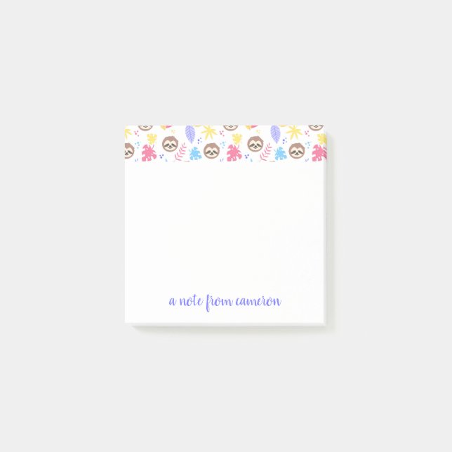 Add Your Name | Tropical Sloth & Leaves Pattern Post-it Notes (Front)