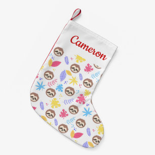 Add Your Name Tropical Sloth & Leaves Pattern Small Christmas Stocking