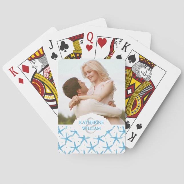 Add Your Name | Watercolor Blue Sea Stars Pattern Playing Cards (Back)
