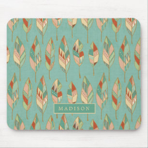 Add Your Name Watercolor Feather Pattern Mouse Pad