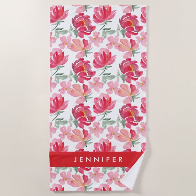 Add Your Name | Watercolor Peony Pattern Beach Towel (Front)