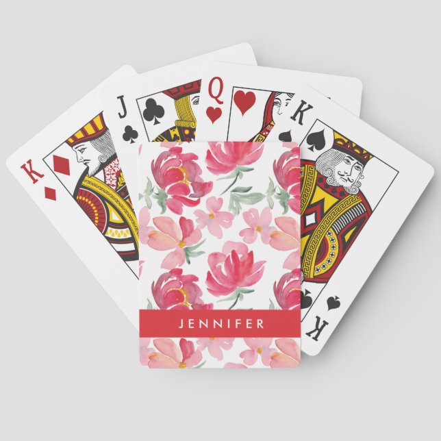 Add Your Name | Watercolor Peony Pattern Playing Cards (Back)