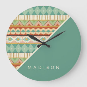 Add Your Name Watercolor Tribal Pattern Large Clock