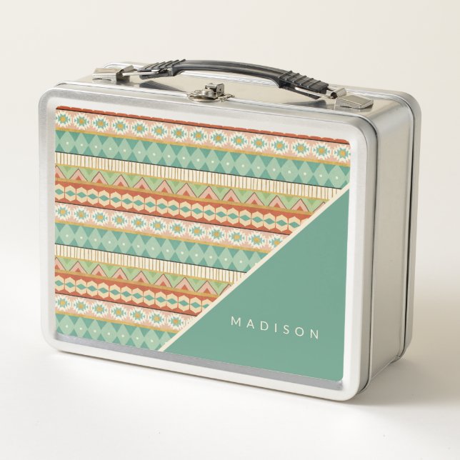 Add Your Name | Watercolor Tribal Pattern Metal Lunch Box (Front)