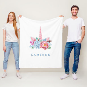 Add Your Name   Watercolor Unicorn Floral Crown Fleece Blanket