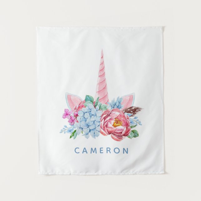 Add Your Name | Watercolor Unicorn Floral Crown Tapestry (Front)