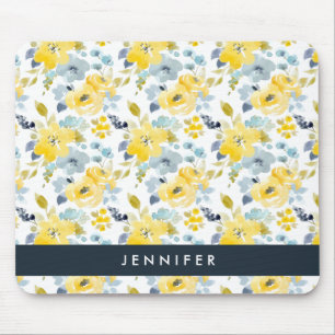 Add Your Name Yellow & Blue Watercolor Pattern Mouse Pad