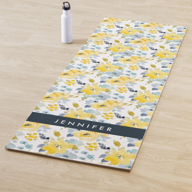Add Your Name | Yellow & Blue Watercolor Pattern Yoga Mat (In Situ)