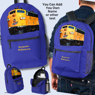 Add Your Name - Yellow Diesel Locomotive on Blue Printed Backpack