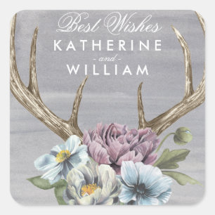 Add Your Names   Floral Deer Antlers Square Sticker
