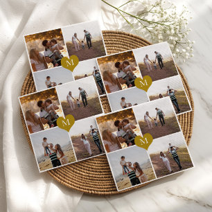 Add Your Own 4 Family Photo Gold Heart Monogrammed Napkin