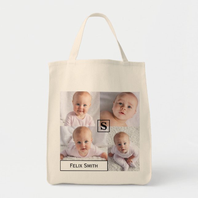 Add Your Own 4 Photo Collage Personalised Monogram Tote Bag (Front)